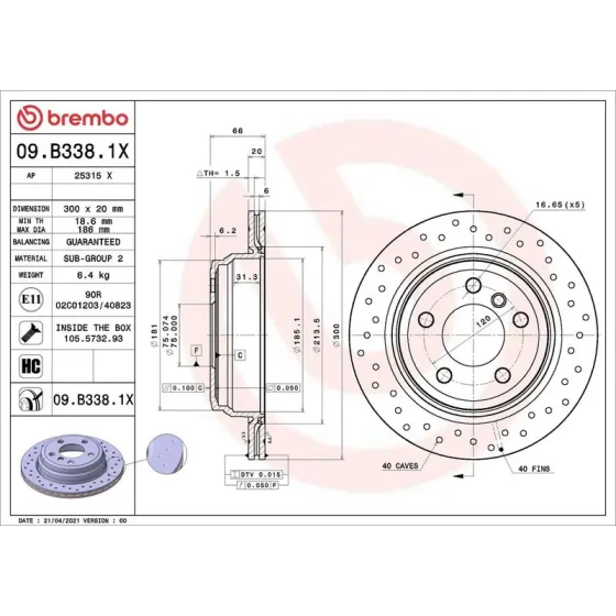 Brembo Arka Fren Diski – 09.B338.1X / OEM 34216797344 ürün görseli