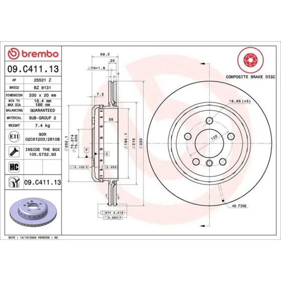 Brembo Arka Fren Diski – 09.C411.13 / OEM 34216898733 ürün görseli