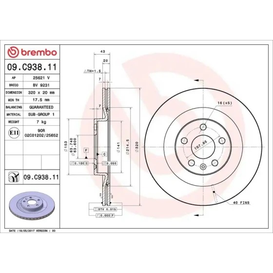 Brembo Arka Fren Diski – 09.C938.11 ürün görseli