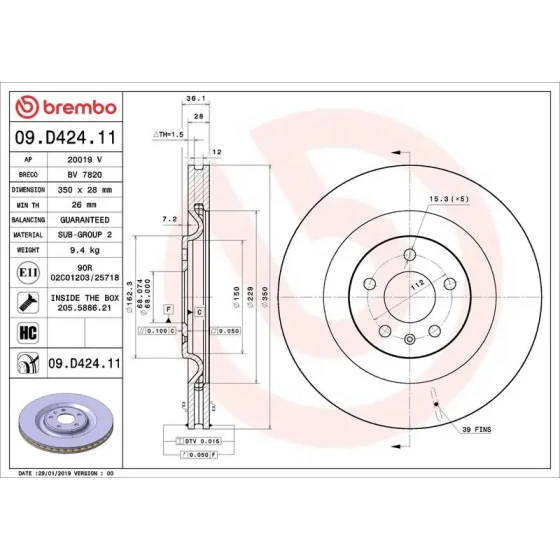 Brembo Arka Fren Diski – 09.D424.11 / OEM 4M0615601J ürün görseli