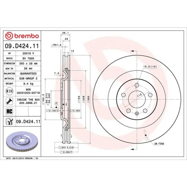 Brembo Arka Fren Diski – 09.D424.11 / OEM 4M0615601J