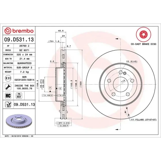 Brembo Arka Fren Diski – 09.D531.13 / OEM A0004230712 ürün görseli