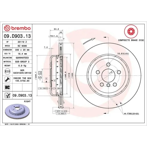 Brembo Arka Fren Diski (Sağ) – 09.D903.13 ürün görseli