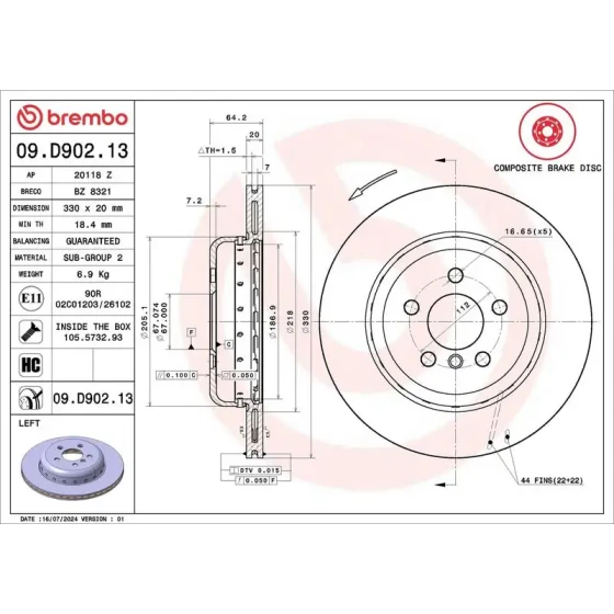 Brembo Arka Fren Diski (Sol) – 09.D902.13 ürün görseli