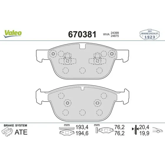 Valeo Ön Fren Balatası – 670381 / OEM 31277334 ürün görseli