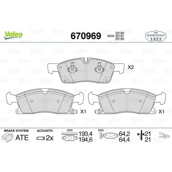 Valeo Ön Fren Balatası – 670969 / OEM 68052370AB ürün görseli