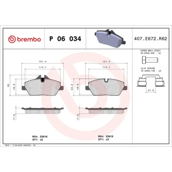 Brembo Ön Fren Balatası – P06034 ürün görseli