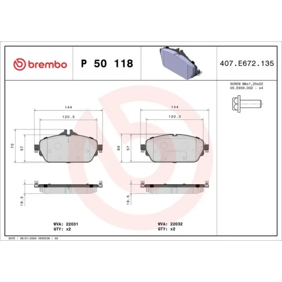 Brembo Ön Fren Balatası – P50118 / OEM A0084203620 ürün görseli