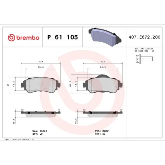 Brembo Ön Fren Balatası – P61105 / OEM 1617273280 ürün görseli