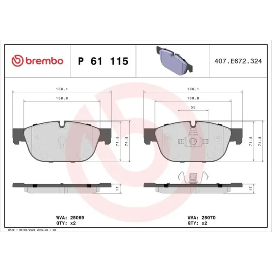 Brembo Ön Fren Balatası – P61115 / OEM 1617272580 ürün görseli