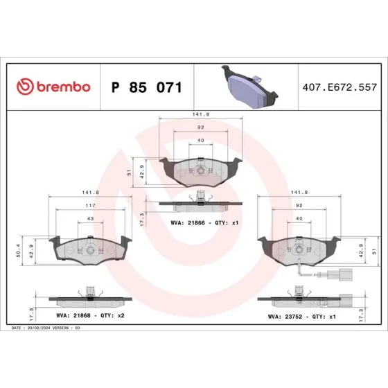 Brembo Ön Fren Balatası – P85071 / OEM 6Q0698151B ürün görseli