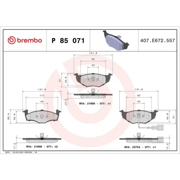 Brembo Ön Fren Balatası – P85071 / OEM 6Q0698151B