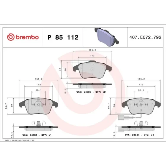 Brembo Ön Fren Balatası – P85112 ürün görseli