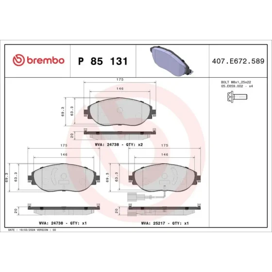 Brembo Ön Fren Balatası – P85131X ürün görseli