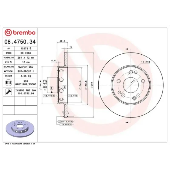 Brembo Ön Fren Diski – 08.4750.34 / OEM A1244211312 ürün görseli