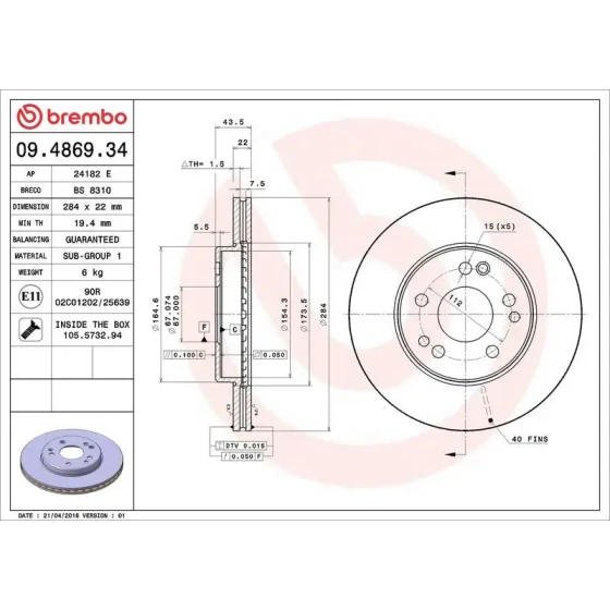 Brembo Ön Fren Diski – 09.4869.34 / OEM A1244212712 ürün görseli