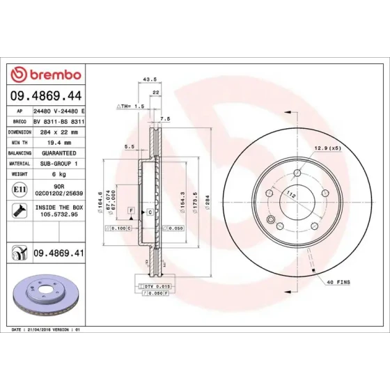 Brembo Ön Fren Diski – 09.4869.41 / OEM A2024210912 ürün görseli