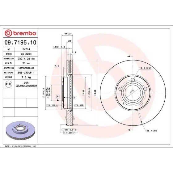 Brembo Ön Fren Diski – 09.7195.10 / OEM 8E0615301C ürün görseli