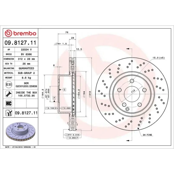 Brembo Ön Fren Diski – 09.8127.11 / OEM A2204210912 ürün görseli
