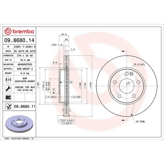Brembo Ön Fren Diski – 09.8680.11 / OEM A1694210812 ürün görseli
