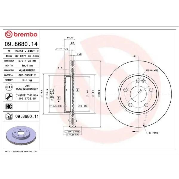 Brembo Ön Fren Diski – 09.8680.11 / OEM A1694210812