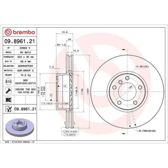 Brembo Ön Fren Diski – 09.8961.21 / OEM 34111165859 ürün görseli