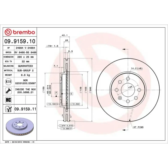 Brembo Ön Fren Diski – 09.9159.10 / OEM 93175376 ürün görseli