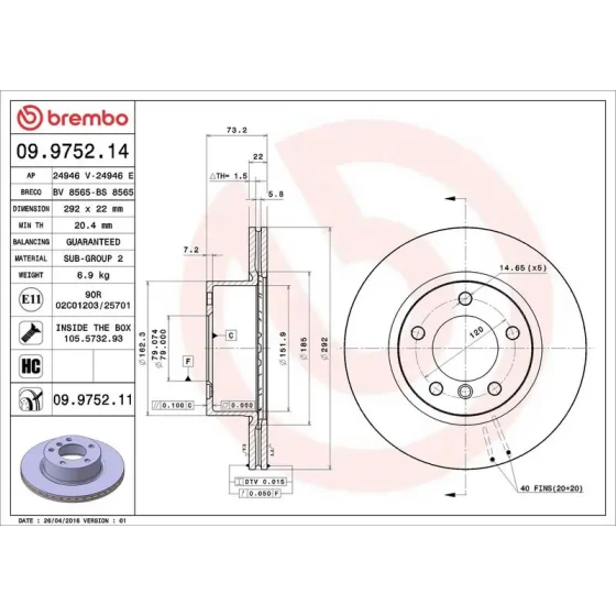 Brembo Ön Fren Diski – 09.9752.11 / OEM 34116854997 ürün görseli