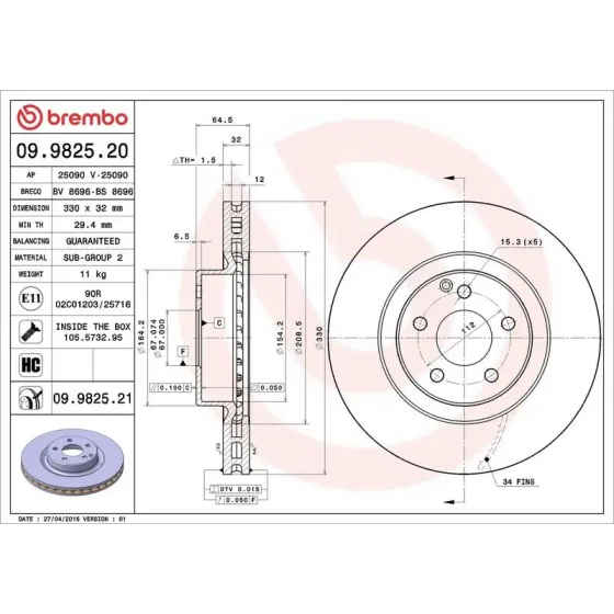 Brembo Ön Fren Diski – 09.9825.21 ürün görseli