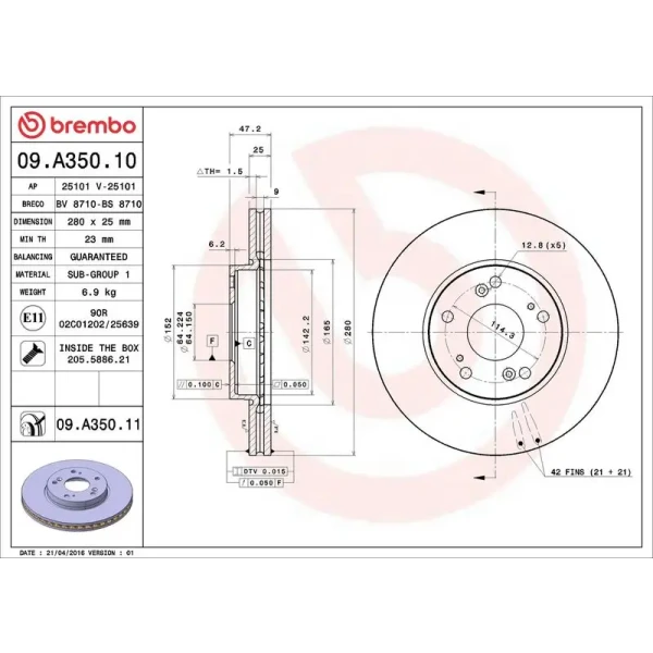 Brembo Ön Fren Diski – 09.A350.11 / OEM 45251SEAE00