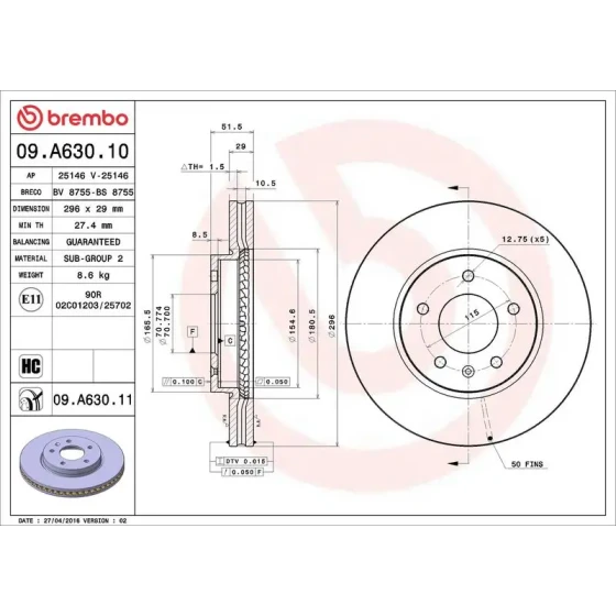 Brembo Ön Fren Diski – 09.A630.10 ürün görseli