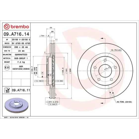 Brembo Ön Fren Diski – 09.A716.14 / OEM 40206JD00B ürün görseli