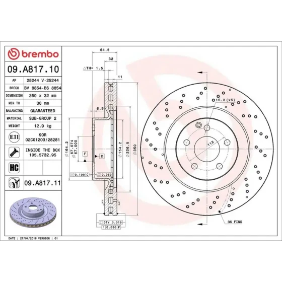Brembo Ön Fren Diski – 09.A817.11 / OEM A2214211112 ürün görseli