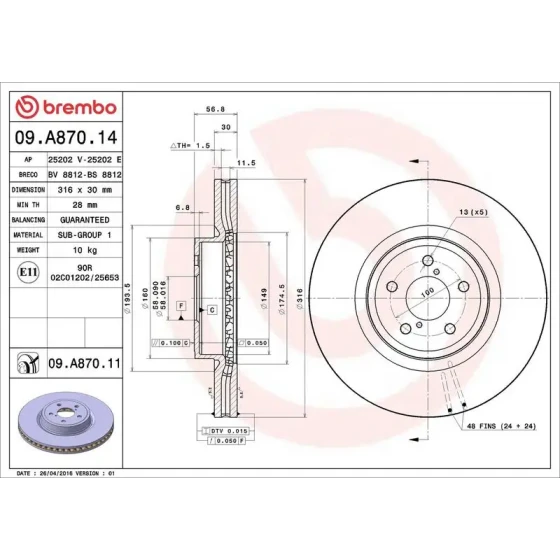 Brembo Ön Fren Diski – 09.A870.14 / OEM 26300AG001 ürün görseli