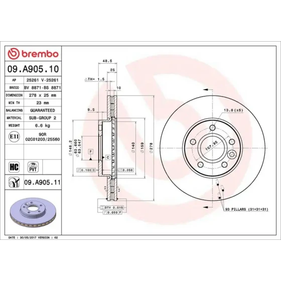 Brembo Ön Fren Diski – 09.A905.10 ürün görseli