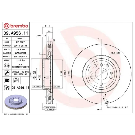 Brembo Ön Fren Diski – 09.A956.11 / OEM A1664210612 ürün görseli