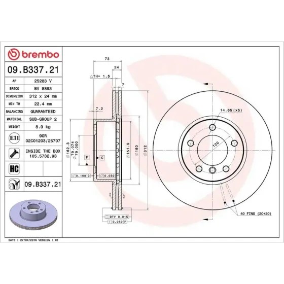 Brembo Ön Fren Diski – 09.B337.21 ürün görseli