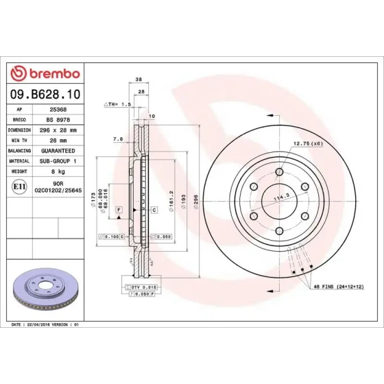 Brembo Ön Fren Diski – 09.B628.10 / OEM 40206EB30A ürün görseli