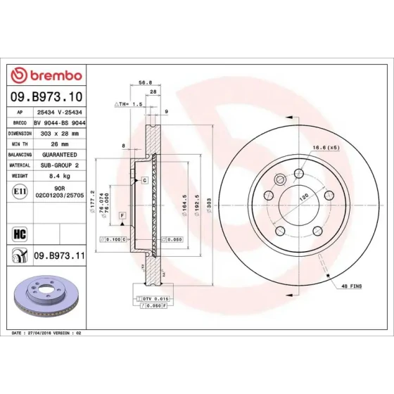 Brembo Ön Fren Diski – 09.B973.11 / OEM 2H0615301D ürün görseli