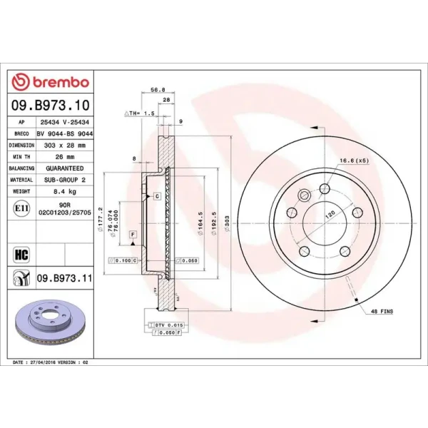 Brembo Ön Fren Diski – 09.B973.11 / OEM 2H0615301D
