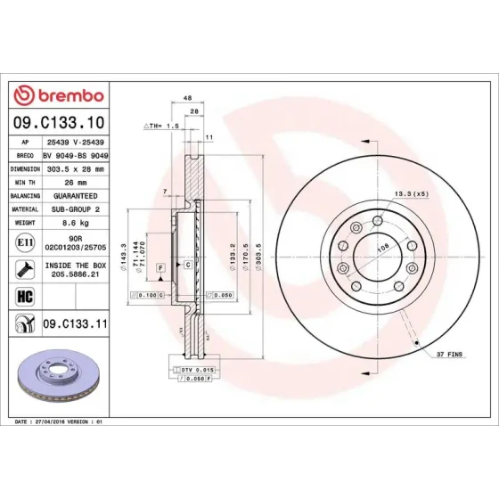 Brembo Ön Fren Diski – 09.C133.11 ürün görseli