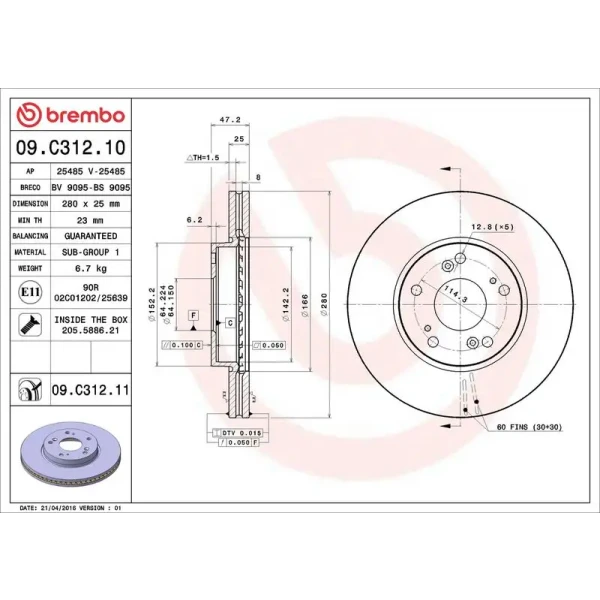Brembo Ön Fren Diski – 09.C312.11 / OEM 45251TV0E01