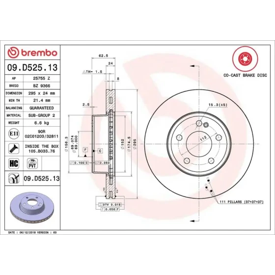 Brembo Ön Fren Diski – 09.D525.13 / OEM A0004212412 ürün görseli