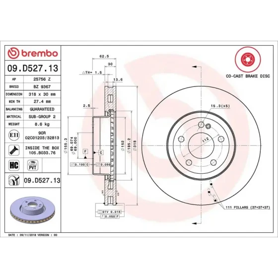 Brembo Ön Fren Diski – 09.D527.13 / OEM A0004212612 ürün görseli