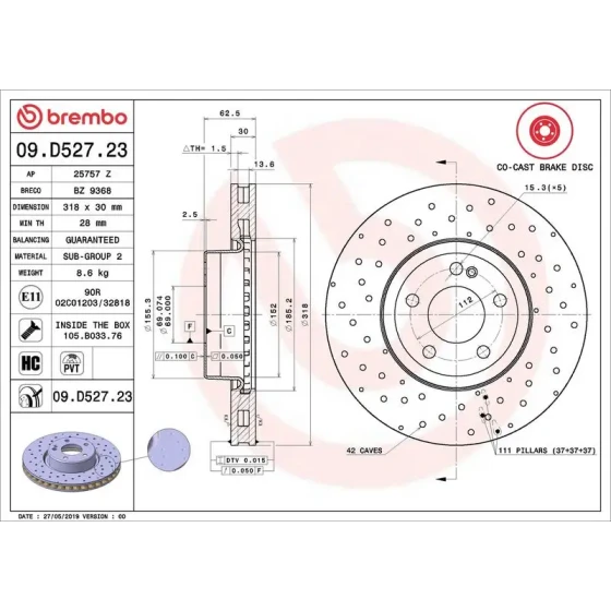 Brembo Ön Fren Diski – 09.D527.23 / OEM A0004212112 ürün görseli