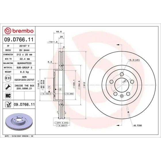Brembo Ön Fren Diski – 09.D766.11 / OEM 2Q0615301N ürün görseli