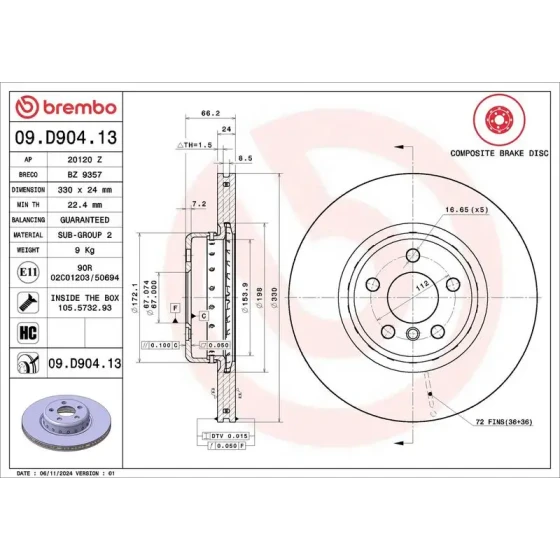Brembo Ön Fren Diski – 09.D904.13 / OEM 43512WAA01 ürün görseli