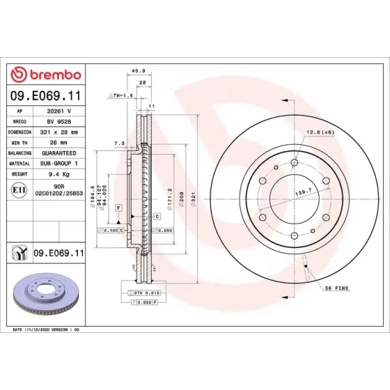Brembo Ön Fren Diski – 09.E069.11 / OEM 4615A223 ürün görseli