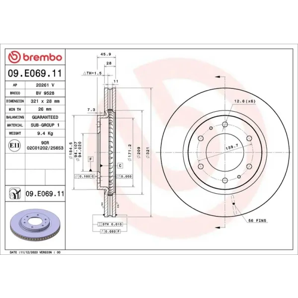 Brembo Ön Fren Diski – 09.E069.11 / OEM 4615A223
