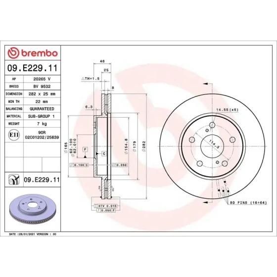Brembo Ön Fren Diski – 09.E229.11 / OEM T435120239 ürün görseli